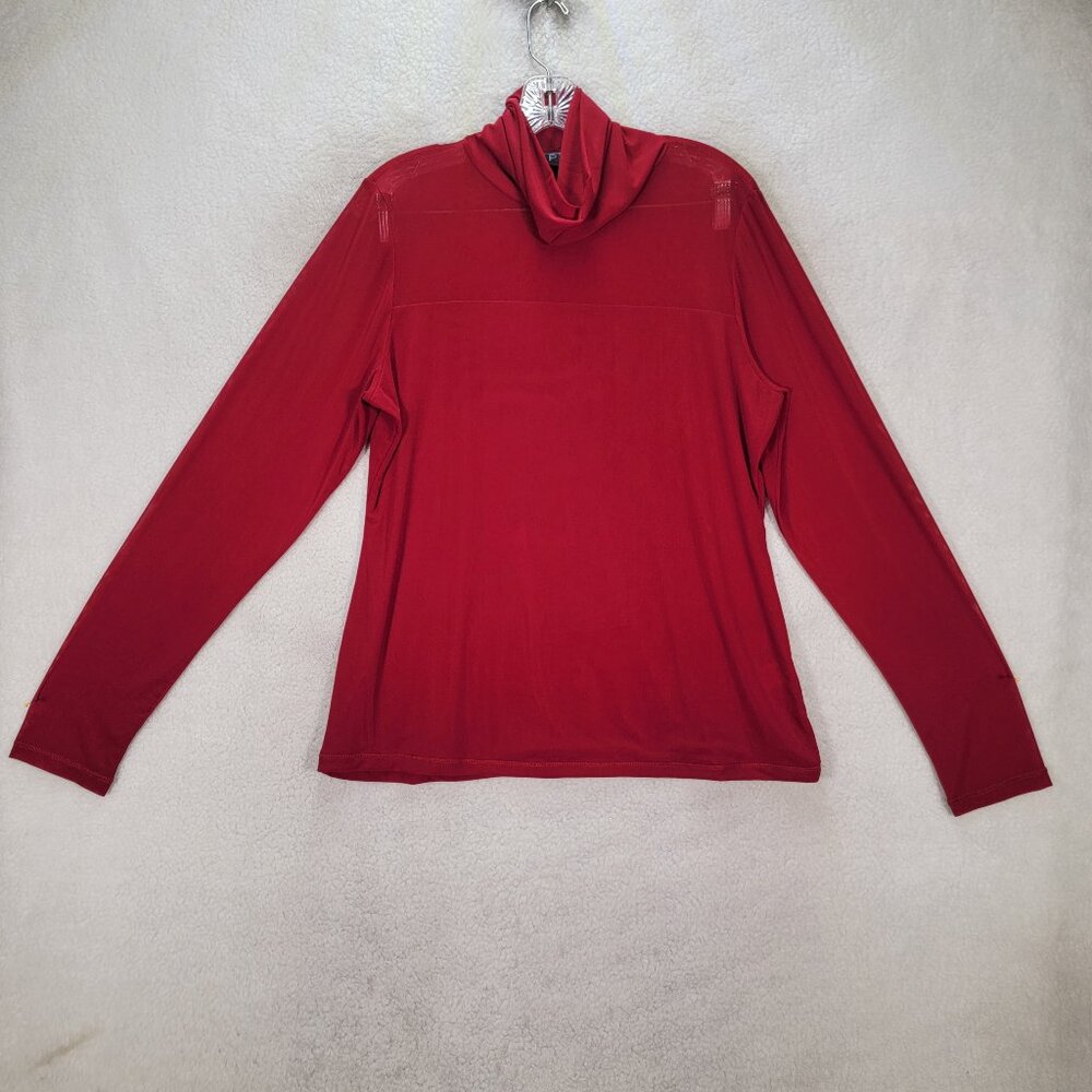 P Luca Milano Red Stretch Mesh Turtleneck Sheer Lightweight Classic Blouse Top
